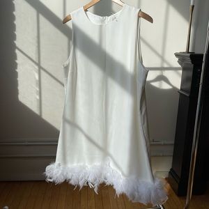 White feather trimmed shift dress